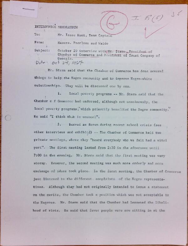 First page of Memo to Isaac Hunt from Daniel Pearlman and Everett Waldo regarding an interview with Mr. Stern - with handwritten notes