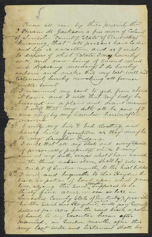 First page of Last will and testament of Hiram Jackson