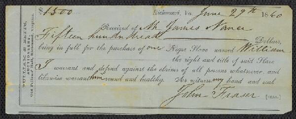 First page of Receipts for sale of enslaved persons