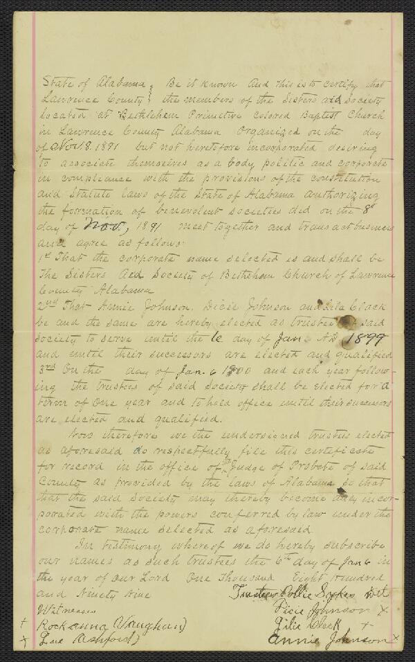 First page of Sisters Aid Society incorporation document