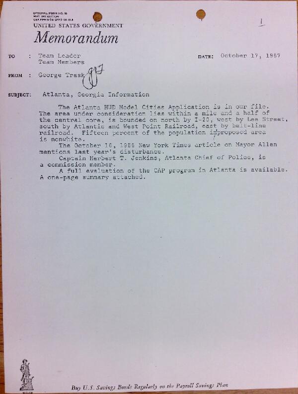 First page of Memo from George Trask to Atlanta team leaders and team members