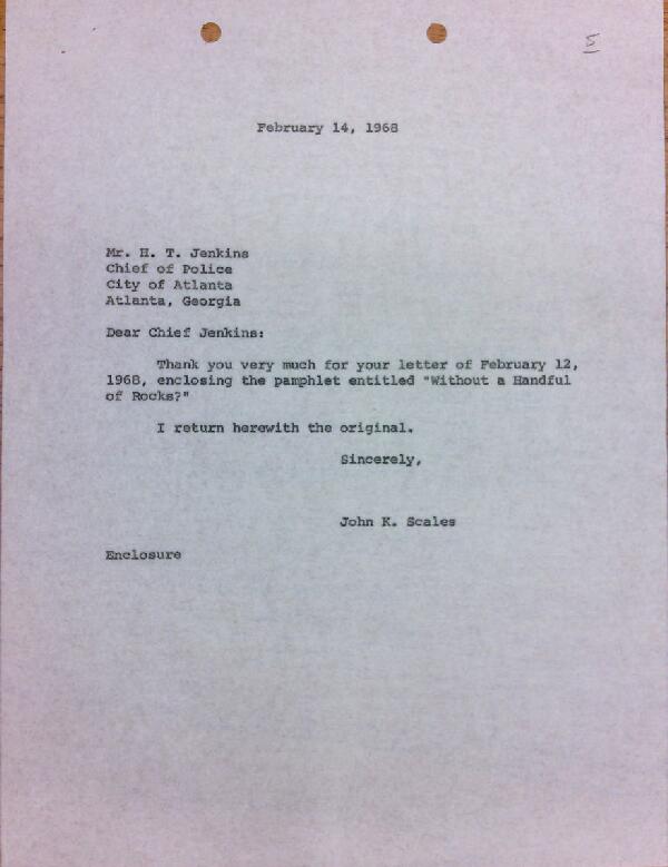 First page of Letter to Chief Jenkins from John K. Scales (February 14)