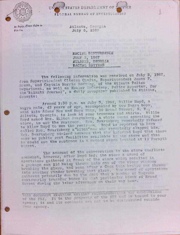 First page of FBI Report: Racial Disturbance July 3, 1967 Atlanta, Georgia Racial Matters (July 5)