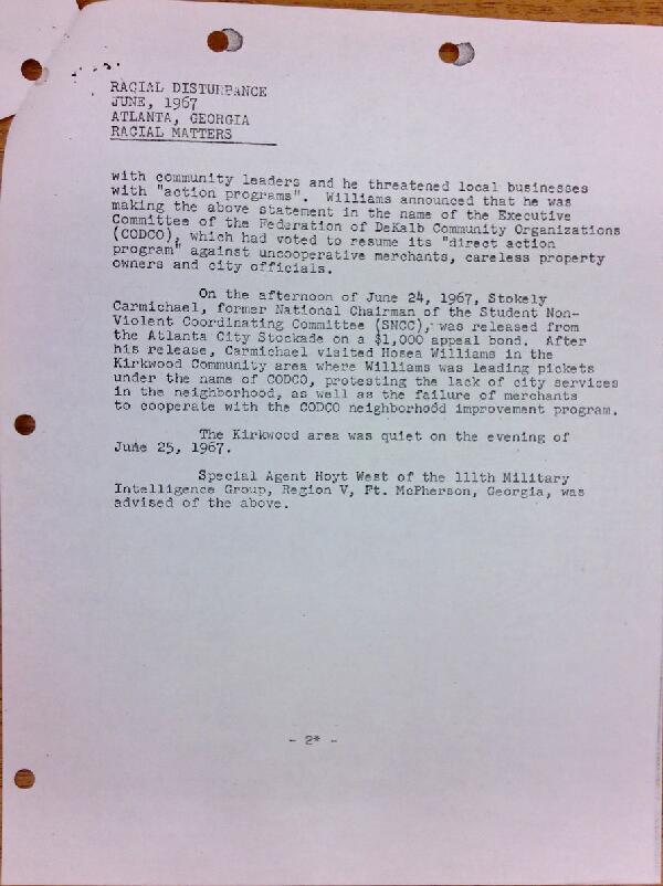 First page of FBI Report: Racial Disturbance June, 1967 Atlanta, Georgia Racial Matters (June 26)