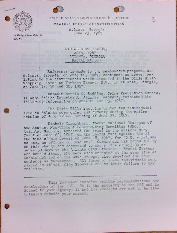 First page of FBI Report: Racial Disturbance, June, 1967 Atlanta, Georgia Racial Matters (June 23)