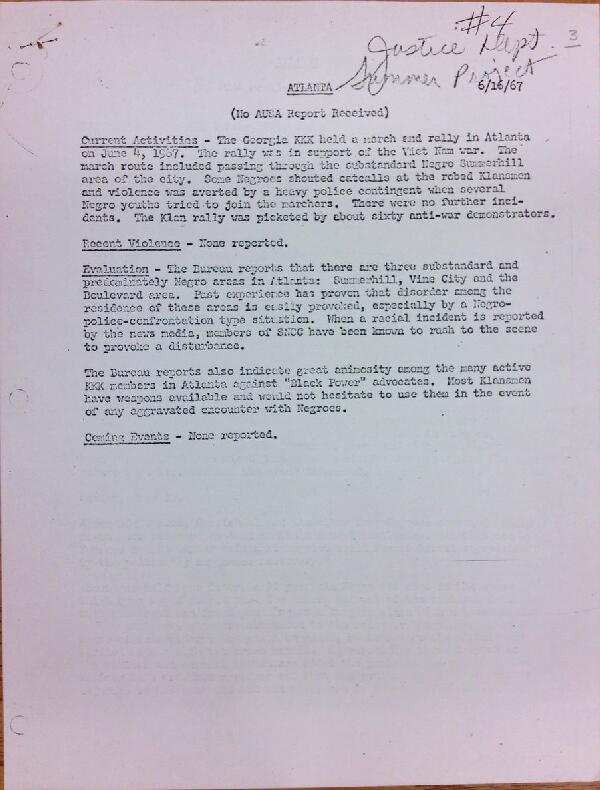 First page of Atlanta report of activities (June 16)