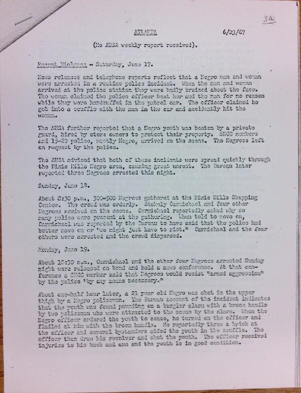 First page of Atlanta report of activities (June 23)