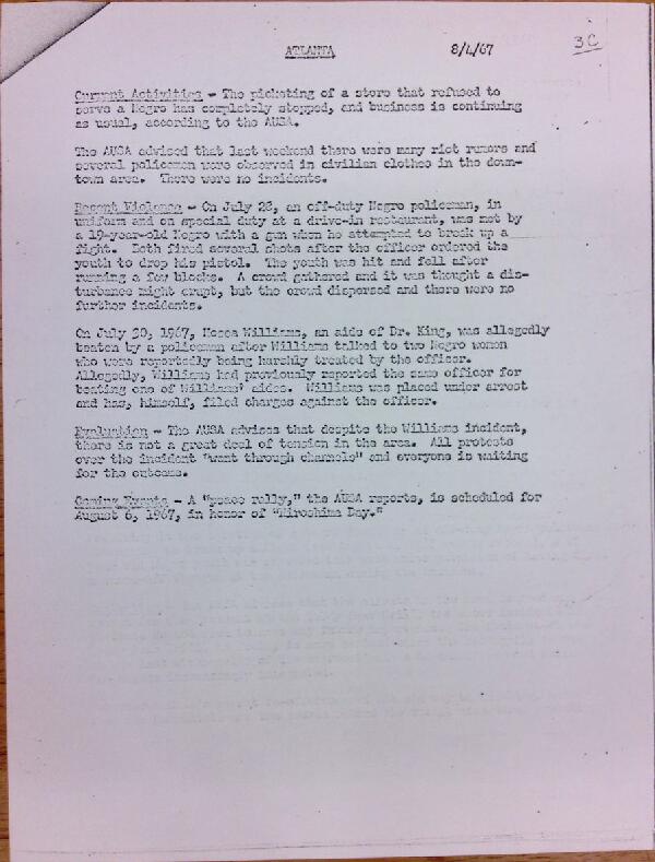 First page of Atlanta report of activities (August 4)