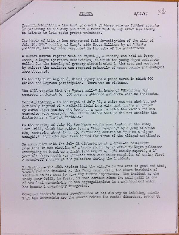 First page of Atlanta report of activities (August 11)