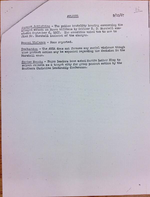 First page of Atlanta report of activities (September 15)