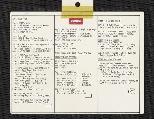 First page of SEVA, ONE MAN EVA, SIM PWR DOWN, and Cue Cards