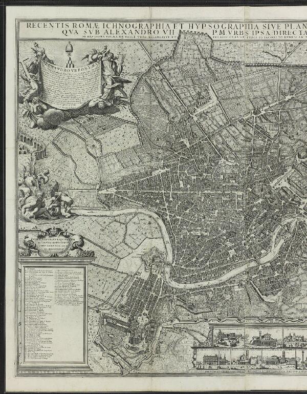 First page of Recentis Romae ichnographia et hypsographia sive planta et facies ad magnificentiam qva svb Alexandro VII P.M. vrbs ipsa directa excvlta et decorata est